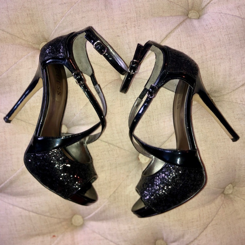 Black leather & glitter strapless GUESS heels